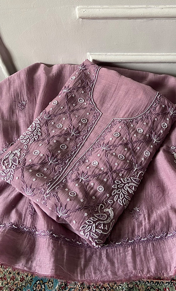 Shirin Women's Lakhnavi Handcrafted Mul Chanderi Unstitched Chikankari Full Suit Material - HONC0339566