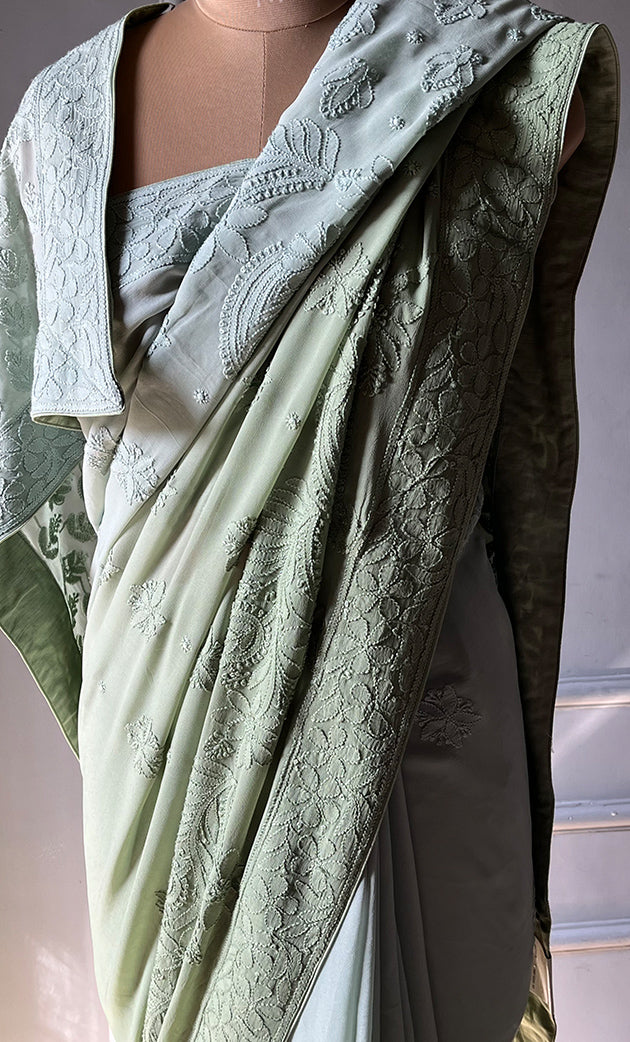 Women's Lakhnavi Handcrafted Viscose Georgette Chikankari Saree - HONC0301803