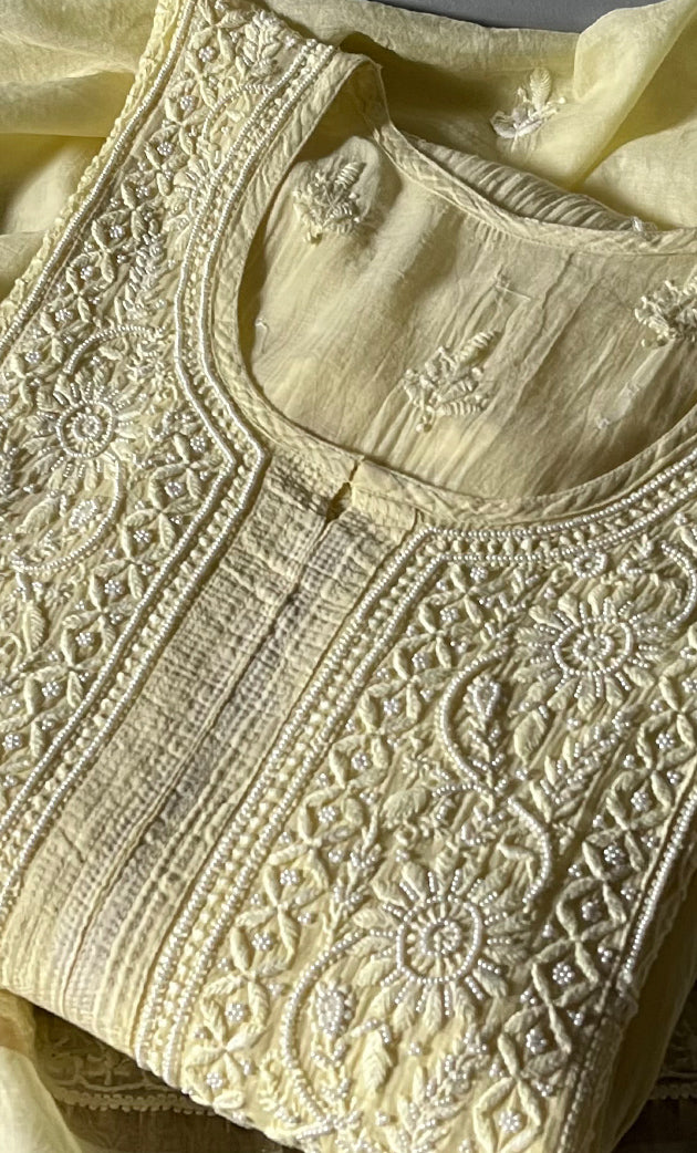 Women's Lakhnavi Handcrafted Mul Chanderi Semi - Stitched Kurta And Dupatta Set - HONC0287080