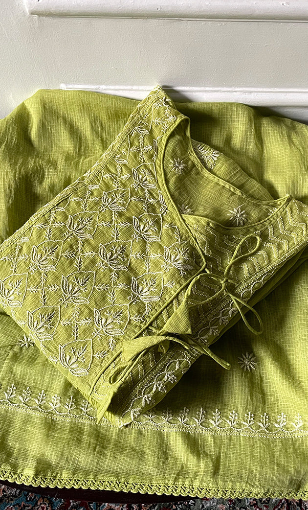 Naaz Women's Lucknowi Handcrafted Kota Chanderi Chikankari Semi Stitched Kurta And Dupatta Set - HONC0322002