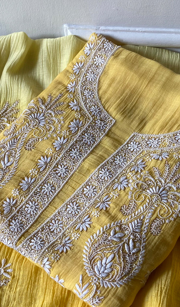 Women's Lakhnavi Handcrafted Mul Chanderi Unstitched Kurta And Dupatta Set - HONC0365692