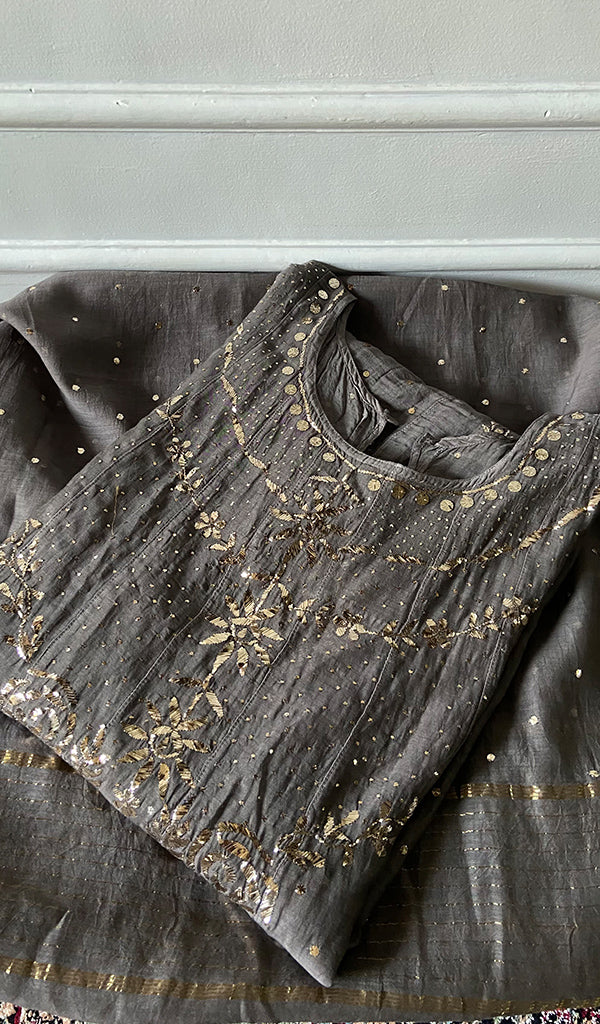 Women's Lakhnavi Handcrafted Chanderi Silk Semi - Stitched Anarkali And Dupatta Set - HONC0355014