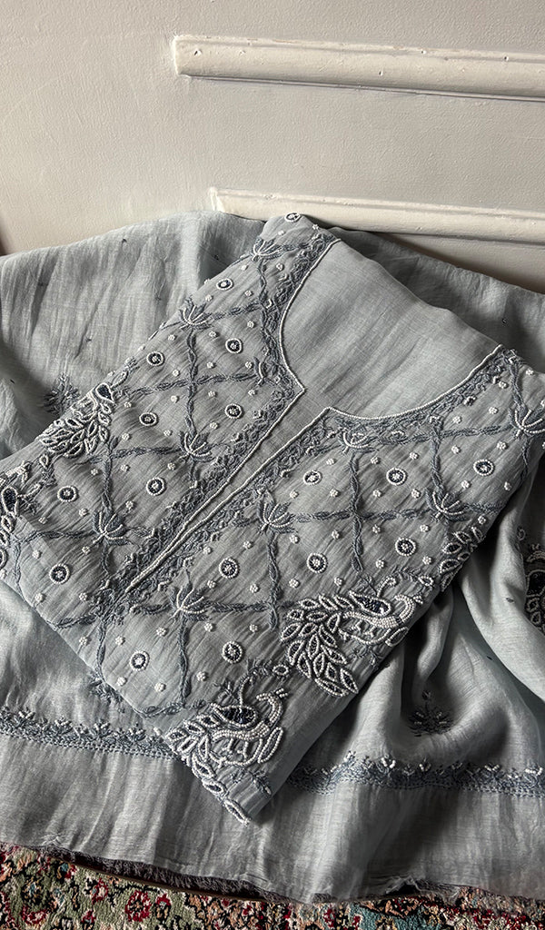 Shirin Women's Lakhnavi Handcrafted Mul Chanderi Unstitched Chikankari Full Suit Material - HONC0339565