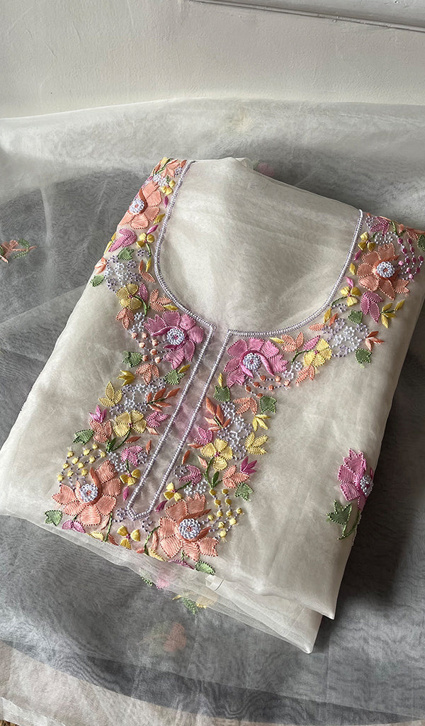 Women's Lakhnavi Handcrafted Pure Organza Chikankari Unstitched Kurta And Dupatta Set- HONC0290953
