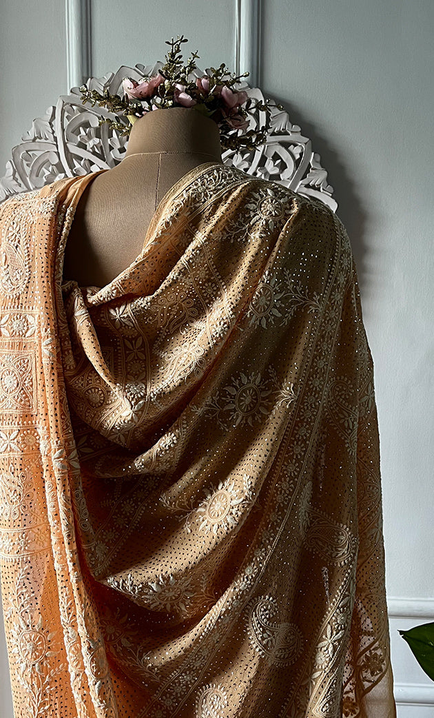 Women's Lakhnavi Handcrafted Pure Silk Georgette Chikankari Saree - HONC0274137