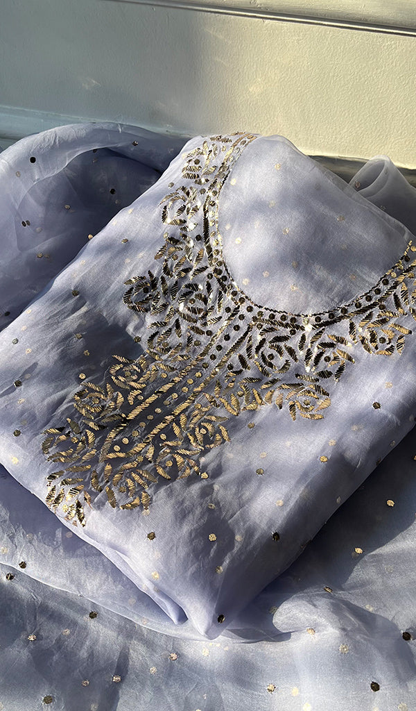 Marifa Women's Lakhnavi Handcrafted Pure Organza Chikankari Unstitched Kurta And Dupatta Set- HONC0301640
