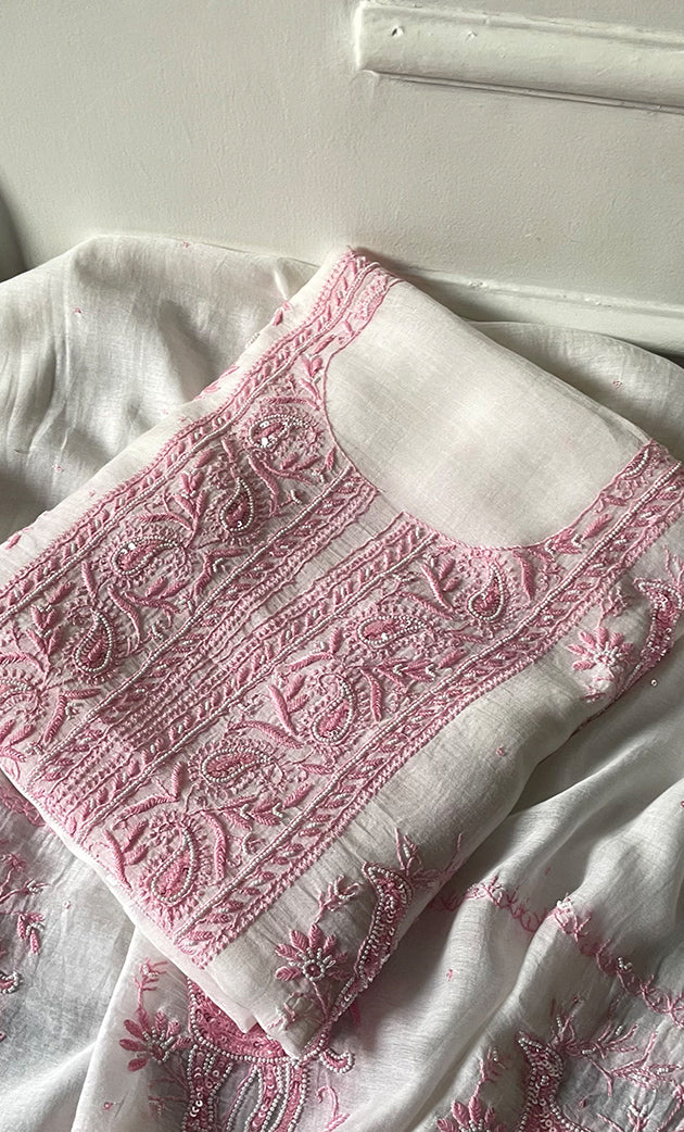 Women's Lakhnavi Handcrafted Unstitched Mul Chanderi Kurta And Dupatta Set - HONC0312096