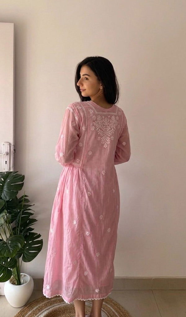 Fariah Women's Lucknowi Handcrafted Mul Chanderi Chikankari Kurti - HONC0846498