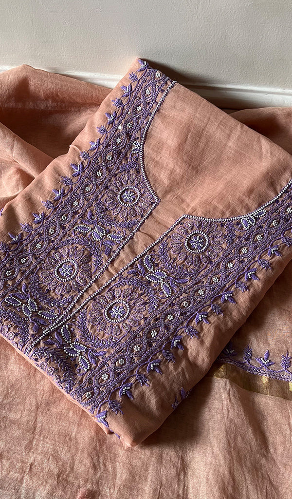Women's Lakhnavi Handcrafted Mul Chanderi Chikankari Full Suit Material - HONC0287062
