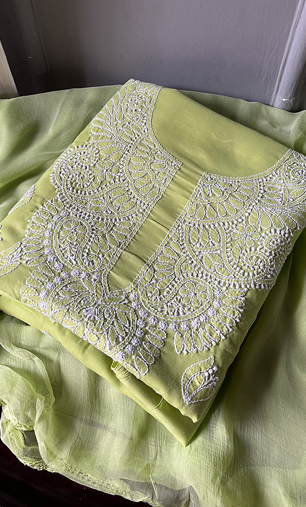 Women's Lakhnavi Handcrafted Unstitched Cotton Chikankari Suit Material - HONC0264507