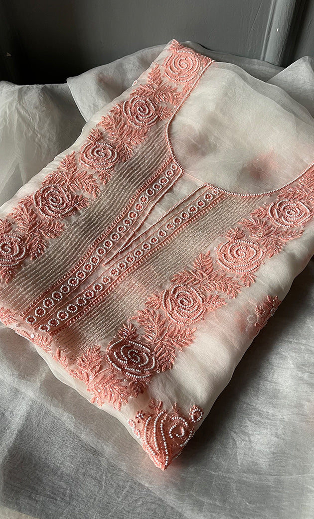 Women's Lakhnavi Handcrafted Pure Organza Chikankari Unstitched Kurta And Dupatta Set - HONC030677