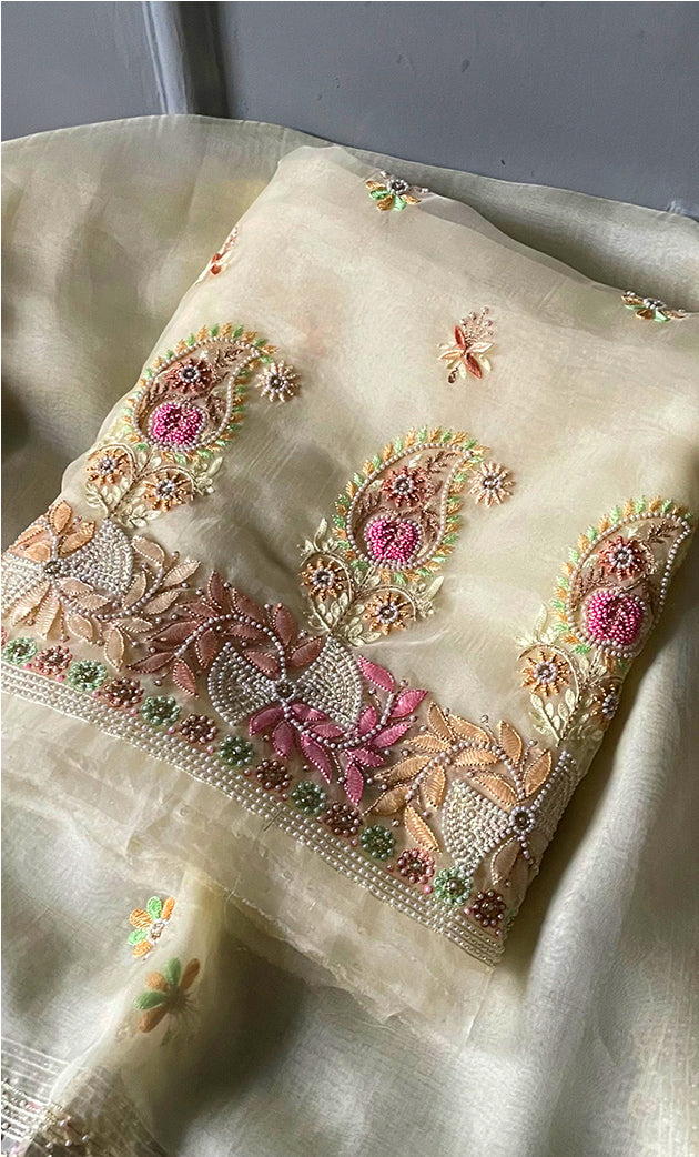Women's Lakhnavi Handcrafted Pure Organza Chikankari Unstitched Kurta And Dupatta Set- HONC0267221