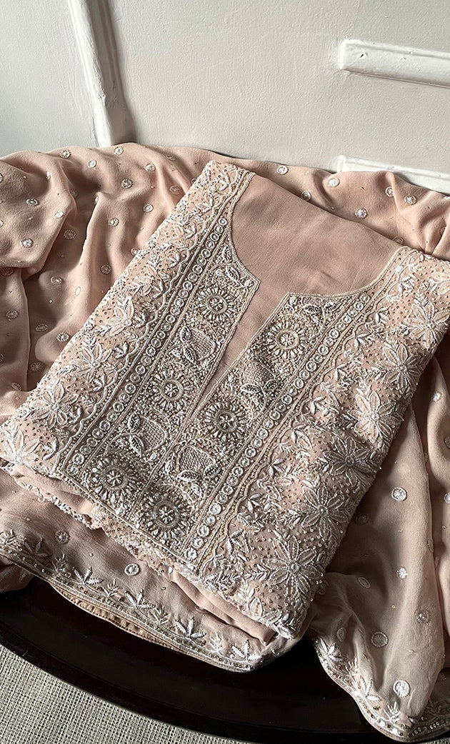 Women's Lakhnavi Handcrafted Pure Silk Georgette Chikankari Kurta And Dupatta Set- HONC0260017