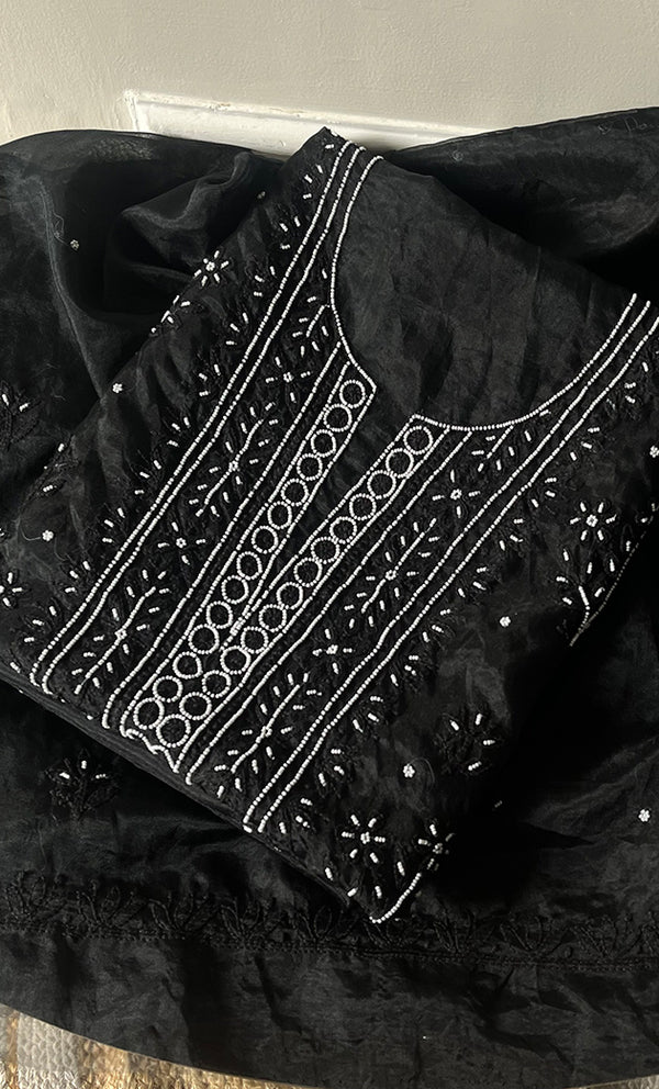 Women's Lakhnavi Handcrafted Organza Chikankari Unstitched Full Suit Material - HONC0271203