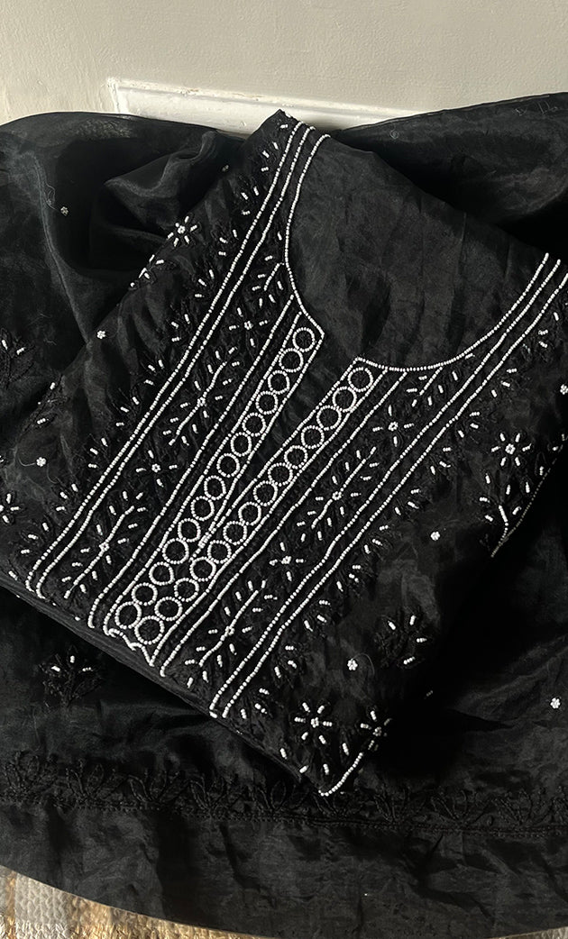Women's Lakhnavi Handcrafted Organza Chikankari Unstitched Full Suit Material - HONC0271203