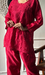 Load image into Gallery viewer, Imara Women's Lakhnavi Handcrafted Chanderi Silk Chikankari Top And Pant Set - HONC0340435