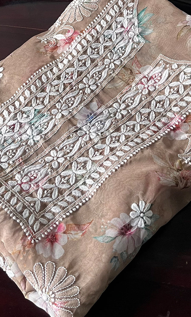 Disha Women's Lakhnavi Handcrafted Organza Chikankari Unstitched Kurti Fabric -  HONC0332146