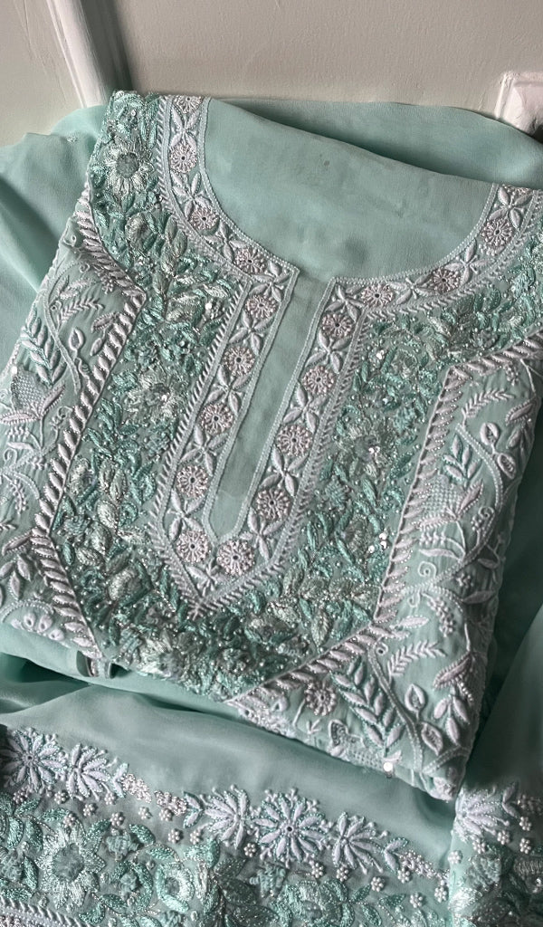 Women's Lakhnavi Handcrafted Pure Silk Georgette Chikankari Full Suit Fabric - NC027842