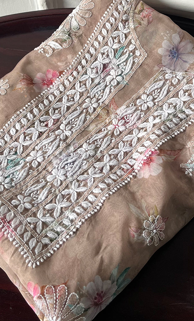 Disha Women's Lakhnavi Handcrafted Organza Chikankari Unstitched Kurti Fabric - HONC0332153