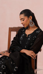Load image into Gallery viewer, Women's Lucknowi Handcrafted Pure Organza Silk Stitched Chikankari Kurta, Dupatta With Pant Set- HONC0546598