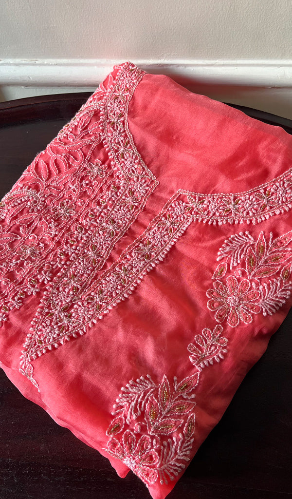 Women's Lakhnavi Handcrafted Organza Chikankari Unstitched Kurti Fabric - NC026663