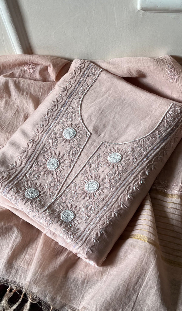 Women's Lucknowi Handcrafted Chanderi Silk Chikankari Kurta Dupatta Set - HONC0271293