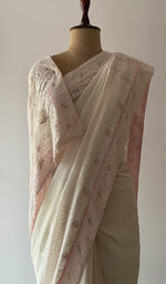 Women's Lakhnavi Handcrafted Pure Silk Georgette Chikankari Saree