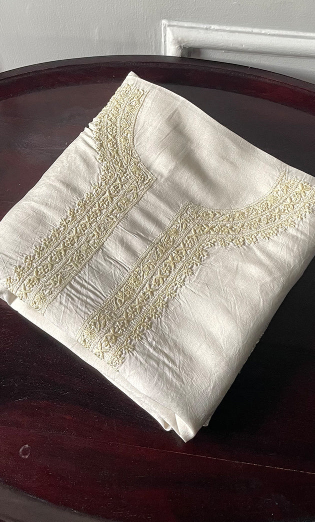 Lucknowi Handcrafted Munga Silk Chikankari Unstitched Men's Kurta Fabric - HONC0230087