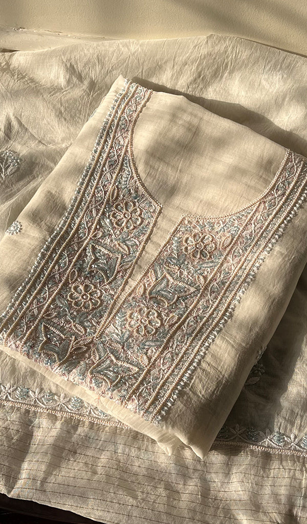 Women's Lakhnavi Handcrafted Mul Chanderi Unstitched Kurta And Dupatta Set - HONC0297197