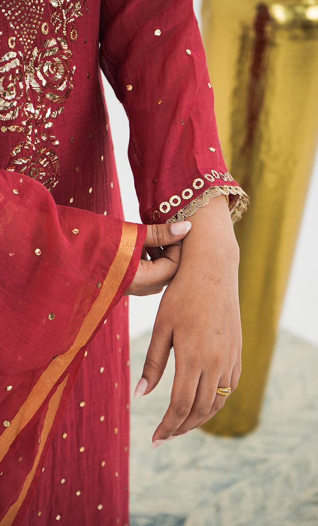 Shanaya Women's Lakhnavi Handcrafted Mul Chanderi Chikankari Stitched Kurta, Dupatta And Pant Set - HONC0322416