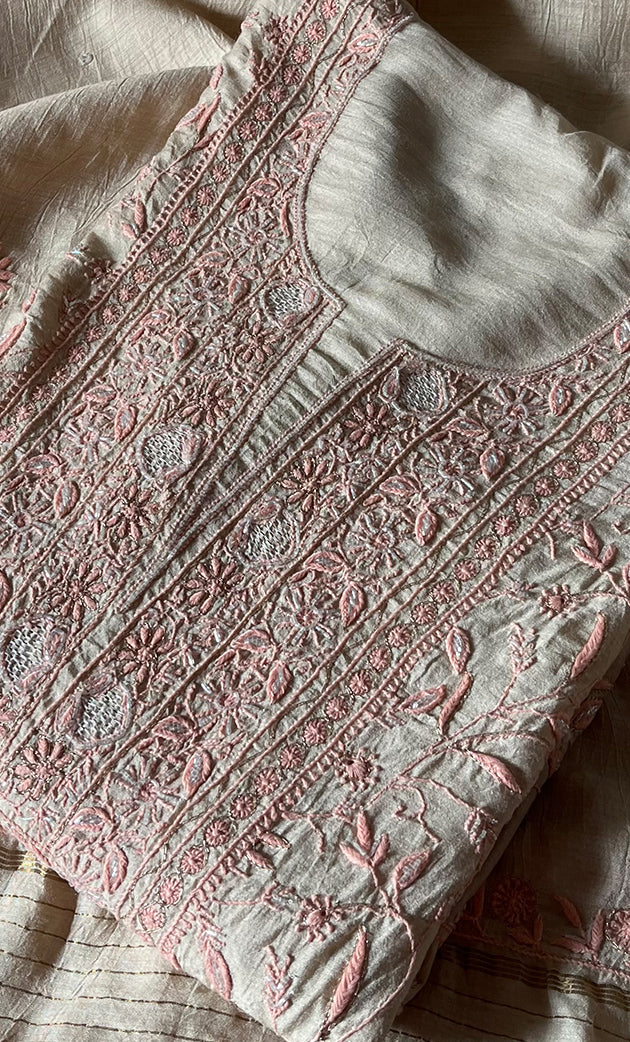 Women's Lakhnavi Handcrafted Munga Silk Semi - Stitched Chikankari Kurta And Dupatta Set- HONC0276216