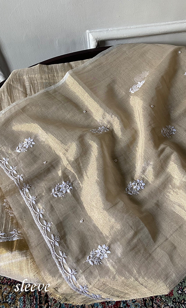 Women's Lakhnavi Handcrafted Tissue Chanderi Unstitched Chikankari Kurta And Dupatta Set - HONC0332073