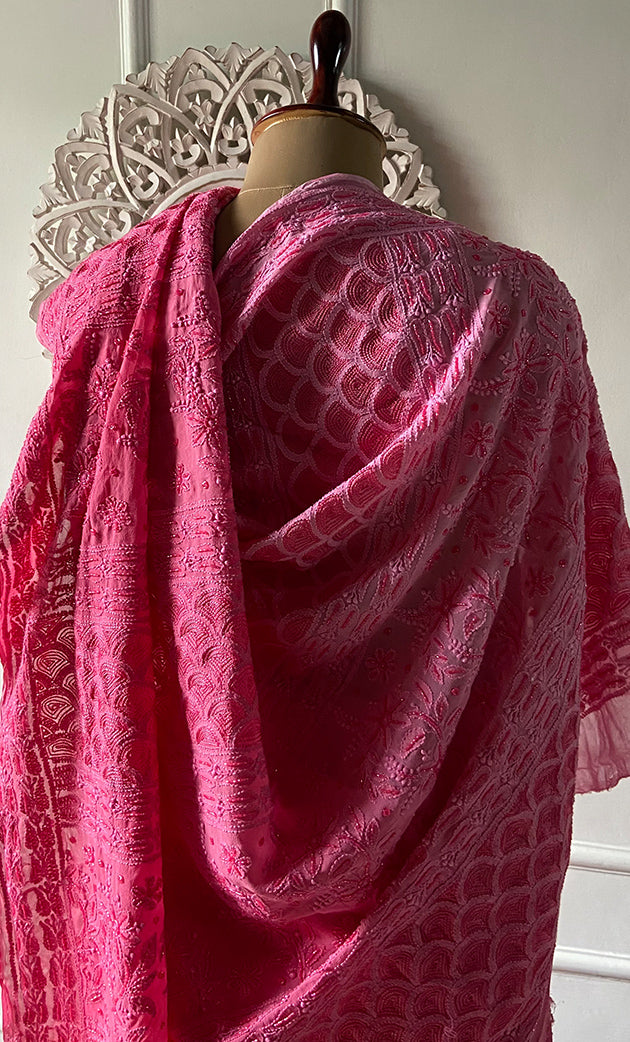 Women's Lakhnavi Handcrafted Pure Silk Georgette Chikankari Saree - HONC0327292