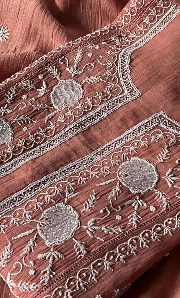 Women's Lakhnavi Handcrafted Mul Chanderi Semi - Stitched Anarkali And Dupatta Set - HONC0330159