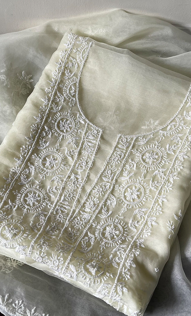 Women's Lakhnavi Handcrafted Organza Chikankari Unstitched Full Suit Material - HONC0284611