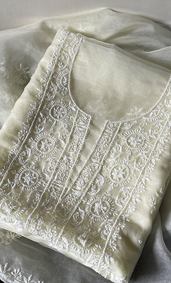 Women's Lakhnavi Handcrafted Organza Chikankari Unstitched Full Suit Material - HONC0284611
