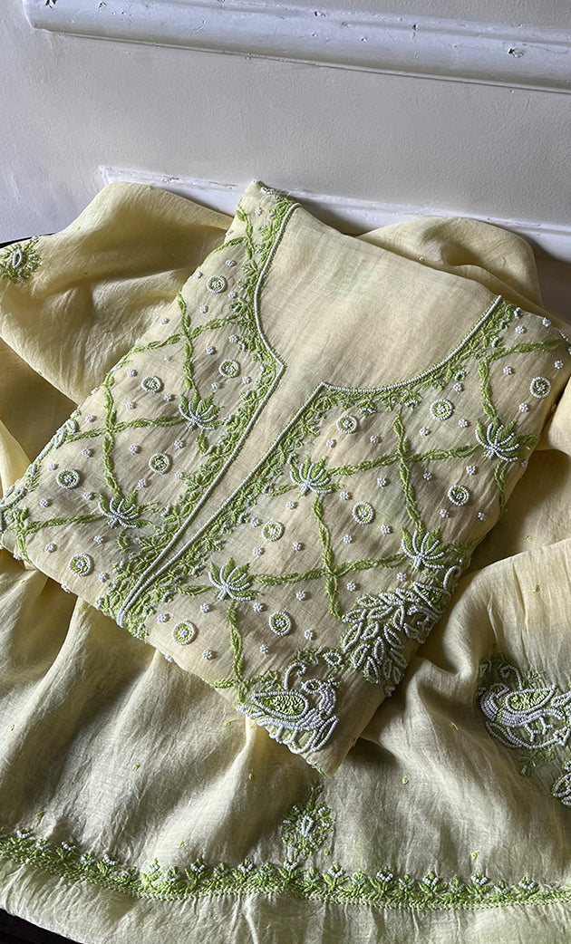 Women's Lakhnavi Handcrafted Mul Chanderi Unstitched Kurta And Dupatta Set - HONC0302266