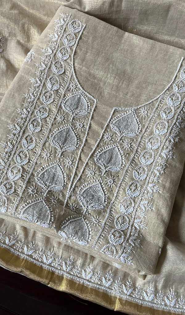 Women's Lakhnavi Handcrafted Tissue Chanderi Unstitched Kurta And Dupatta Set - HONC0278145