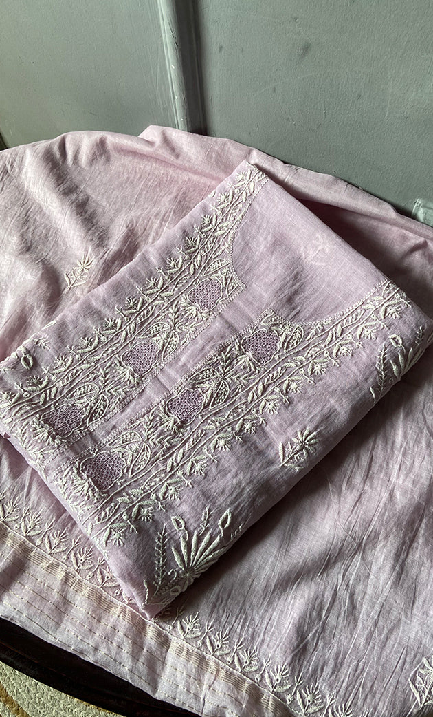 Women's Lakhnavi Handcrafted Mul Chanderi Unstitched Chikankari Full Suit Material - HONC0305158