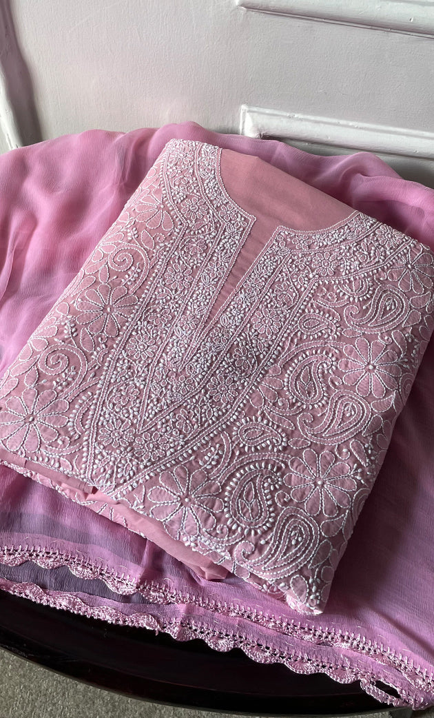 Women's Lakhnavi Handcrafted Unstitched Cotton Chikankari Suit Material - HONC0320315