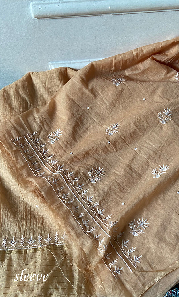 Women's Lakhnavi Handcrafted Mul Chanderi Unstitched Chikankari Full Suit Material - HONC0317046