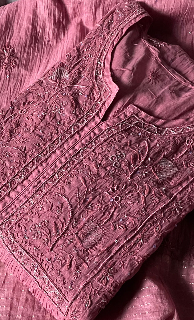 Women's Lakhnavi Handcrafted Mul Chanderi Semi - stitched Kurta And Dupatta Set- HONC0294459