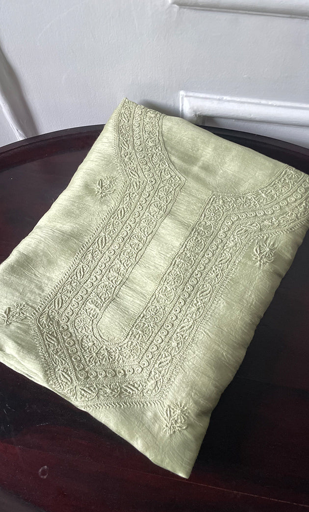 Lucknowi Handcrafted Raw Silk Chikankari Unstitched Men's Kurta Fabric - HONC0288530