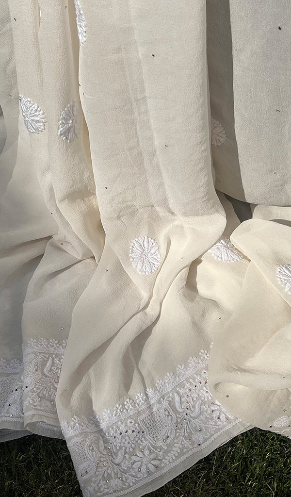 Women's Lakhnavi Handcrafted Pure Silk Georgette Chikankari - HONC0274174