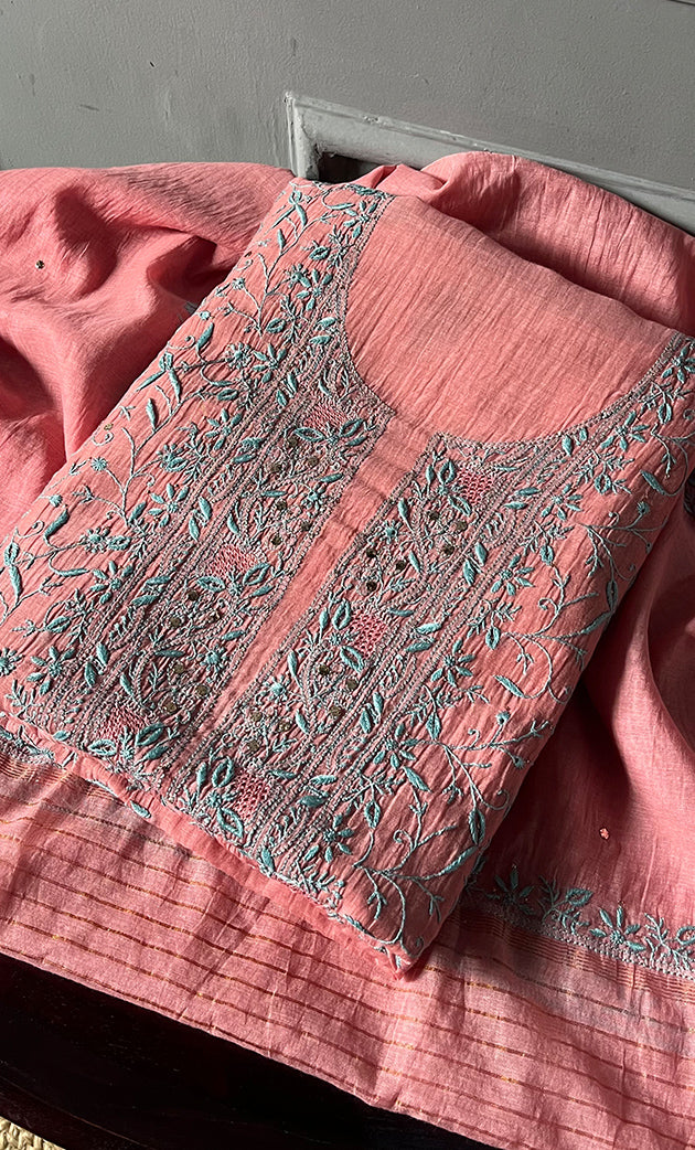 Women's Lakhnavi Handcrafted Mul Chanderi Unstitched Kurta And Dupatta Set - HONC0280886