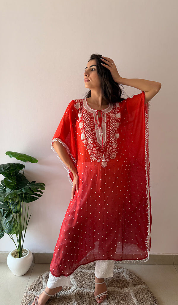 Pragya Women's Lucknowi Handcrafted Mul chanderi Chikankari Kaftan - HONC0459878