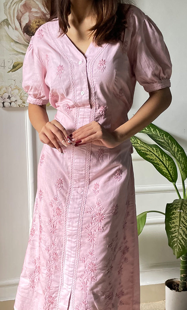Women's Lucknowi Handcrafted Cotton Chikankari Long Dress - HONC0309318