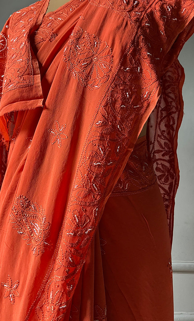 Women's Lakhnavi Handcrafted Viscose Georgette Chikankari Saree - HONC0290058