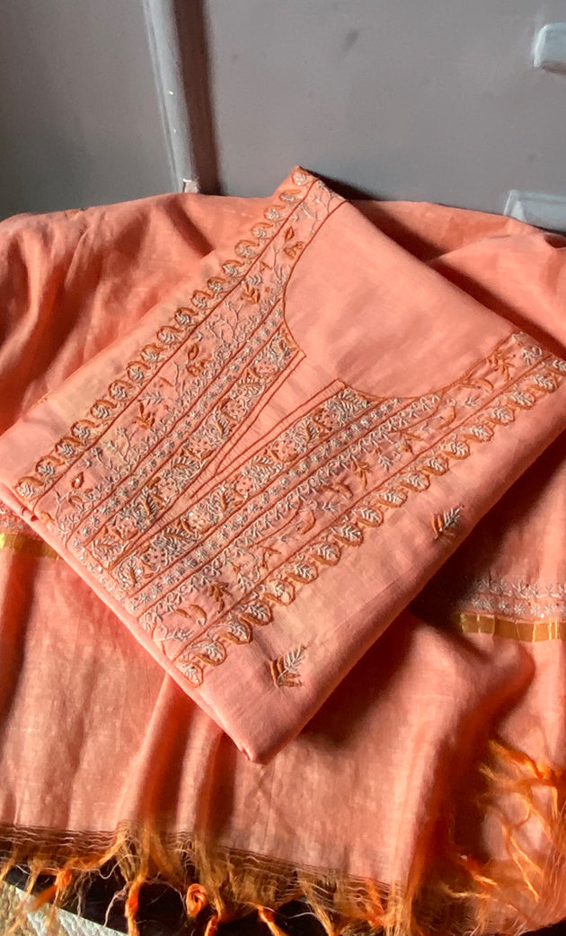 Women's Lucknowi Handcrafted Chanderi Silk Chikankari Full Suit Material - HONC020065