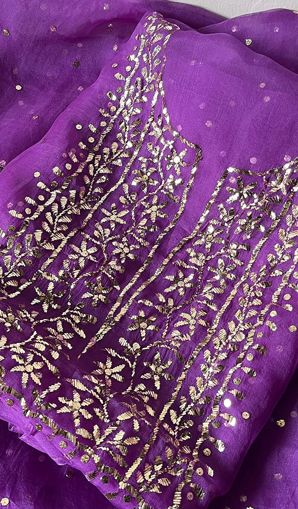 Marifa Women's Lakhnavi Handcrafted Pure Organza Chikankari Unstitched Kurta And Dupatta Set- HONC0296141
